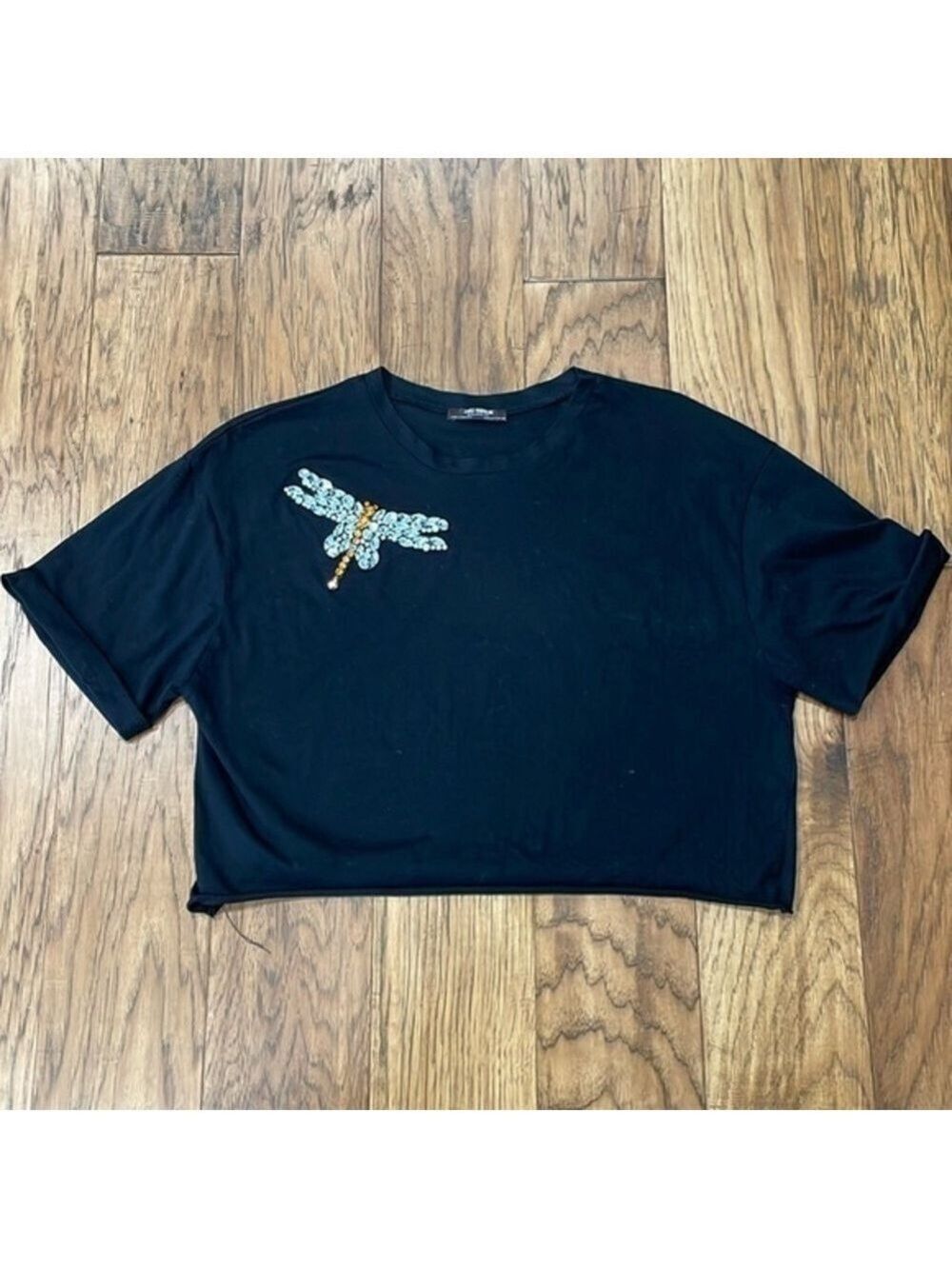Zara dragonfly rhinestone embellished black crop tshirt size Size S